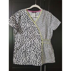 HeartSoul Scrub Top Women Large White Black Leopard Print Excellent Mock Wrap